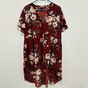 torrid Burgundy Floral High-Low V-Neck blouse tunic Dress Size 1